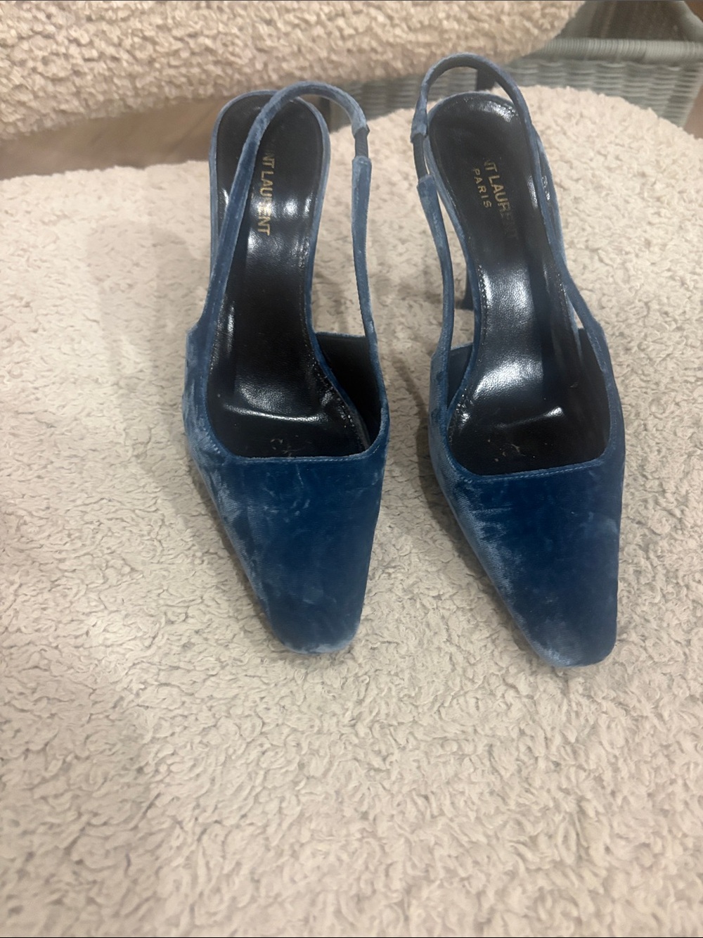 Saint Laurent Navy Velvet Slingback Pointed Pumps